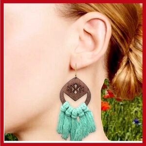 New Bohemian carved Wood safari boho aqua mint Blue knit tassel earrings